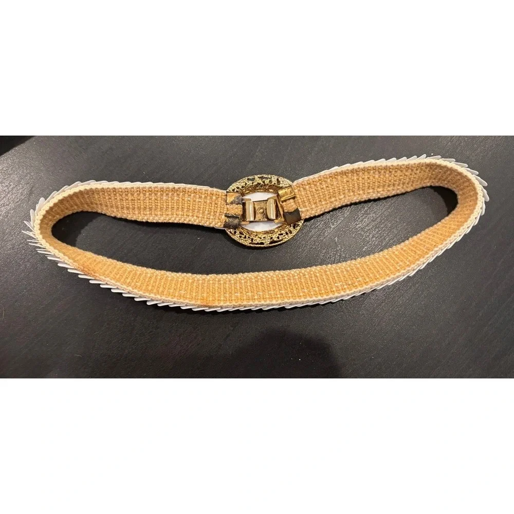 Vintage White Sequin Elastic Stretch Belt Gold Ornate Oval Buckle Faux Stone